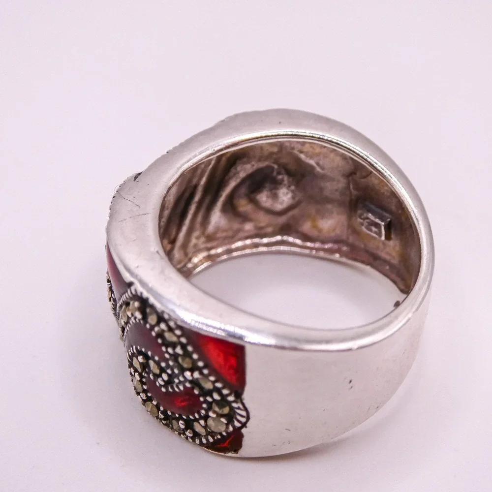 Sterling Silver 925 Red Guilloche Enamel Marcasite Scrolled Ring Sz 7 Vintage
